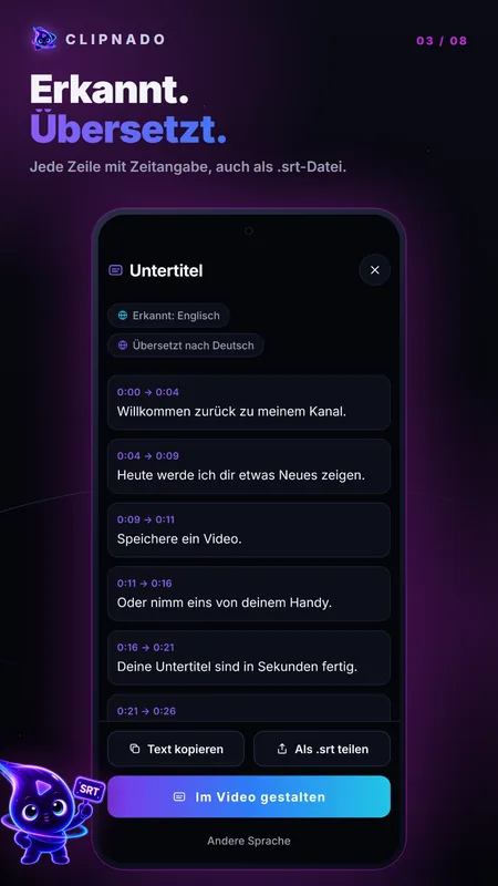 Erkannt. Übersetzt. Die fertigen Untertitelzeilen